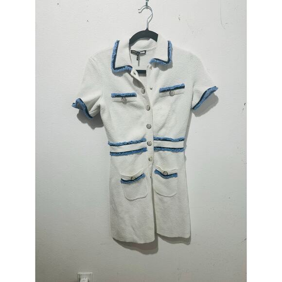 MAJE White Blue Tweed Gold Button Details Collared Risal Mini Dress Size 34 - Picture 2 of 15